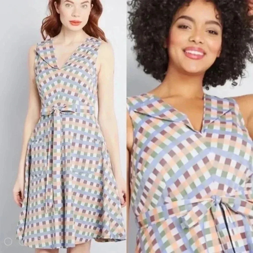 MODCLOTH PLAID GINGHAM RAINBOW RETRO POCKET DRESS Small